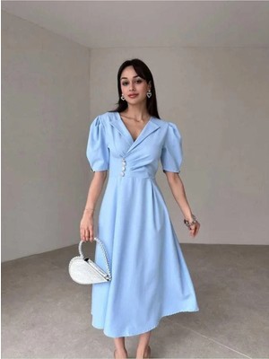 Moda Durağı Kaliteli Midi Elbise Sari Renk Elbise Mavi