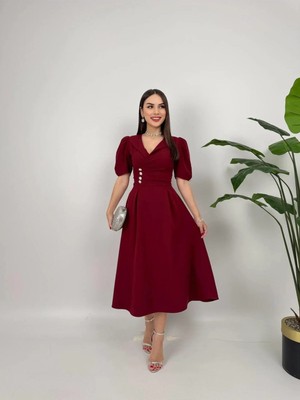 Moda Durağı Kaliteli Midi Elbise Sari Renk Elbise Bordo