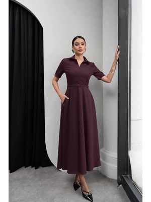 Moda Durağı Princess Gömlek Yaka Kemer Detaylı Elbise Mürdüm