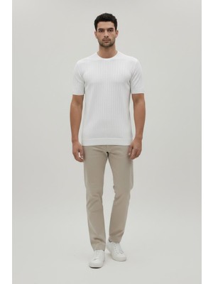 STG Erkek Bisiklet Yaka Fitilli Triko Tişört Beyaz Slim Fit Kısa Kollu Yazlık Basic Tişört