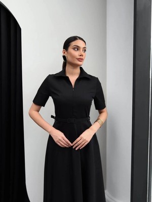 Moda Durağı Princess Gömlek Yaka Kemer Detaylı Elbise Siyah