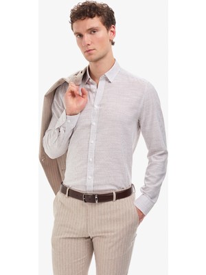 Pierre Cardin Erkek Kahverengi Çizgili Regular Fit Gizli Düğme Yakalı Beyaz Uzun Kollu Gömlek 50320886-VR084