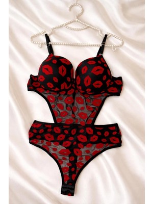 Bodysuit Öpücük Desenli Alttan Çıtçıtlı Push Up Destekli Fantazi Kadın Iç Giyim