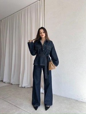 Moda Durağı Bağlamalı Denim Takım Oversize Ceket ve Yüksek Bel Pantolon Lacivert
