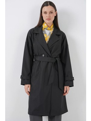 Style Line Kadın Kruvaze Yaka Kuşaklı Siyah Trençkot