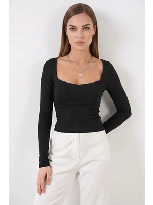 Style Line Kadın Kare Yaka Slim Fit Uzun Kol Siyah Bluz