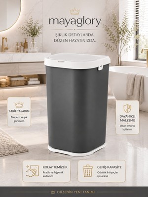 MAYAGLORY Mega Boy (50LITRE) Otomatik Kapaklı Çamaşır Sepeti Koku Hapseden Kapak Sistemi Temiz/kirli Sepeti Banyo Düzenleyici Çamaşır Selesi