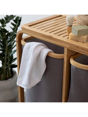 EkoAlışverişDünyam Kirli Çamaşır Sepeti Ahşap - Bambu 3 Organizer Bölmeli Kumaş Çantalı 50X30X70CM (5510)