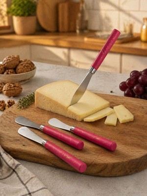 EkoAlışverişDünyam 5 Parça  Uzun Kahvaltı Bıçak - Kırmızı Mermer Desen Saplı 16.5 cm (5510)