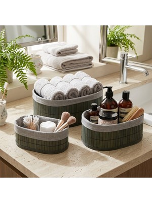 EkoAlışverişDünyam Gri 3 Boy Oval Bambu Kenar Organizer Sepet Ahşap Altlık - Bezli 12X21-16X25-20X30CM (5510)