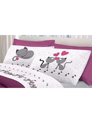 Elivora In Italy Çift Nevresim Set Pamuk Kedi, | Komple 2 Boyutları + Pembe Yastık Kılıfı ve Kediler Tasarım | Üst Levha 250 x 300 + Gömme Alt 180 x 200 + 4 Yastık 52 x 82 - Pembe, 2p