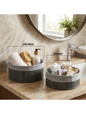 EkoAlışverişDünyam Gri 2 Boy Yuvarlak Bambu Kenar Organizer Sepet Ahşap Altlık - Bezli ÇAP=22X24CM (5510)