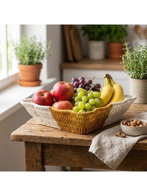 EkoAlışverişDünyam Kare Dalgalı Çift Renkli Plastik Rattan Ekmek ve Meyve Sepeti - Çok Amaçlı Banyo ve Mutfak Düzenleyici - Yıkanabilir Tezgâh Üstü Organizer (5510)
