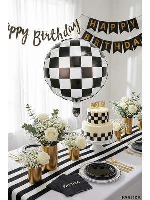 Partixa Siyah Beyaz Dama Desenli Yuvarlak Folyo Balon