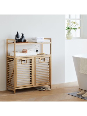 EkoAlışverişDünyam Kirli 2 Kat Organizer Raflı - 2 Bölmeli Önden Çek Aç Kalın Ahşap Bambu Kirli Çamaşır Sepeti 80X33X87CM (5510)