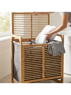 EkoAlışverişDünyam Kalın Ahşap Bambu 2 Bölmeli Kirli Çamaşır Sepeti Kumaş Çantalı SEPET=54X35X60CM (5510)