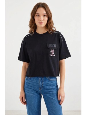 Style Line Kadın Cep Detaylı Oversize Siyah Tişört