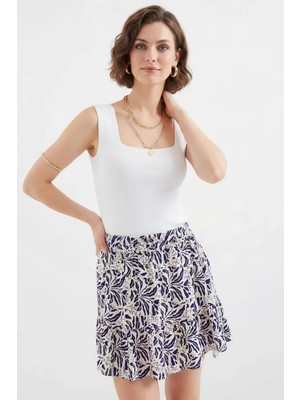 Style Line Kadın Çiçek Desenli Viskon Lacivert Etek