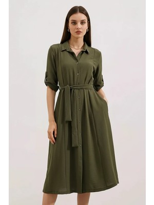 Style Line Kadın Gömlek Yaka Kuşaklı Kısa Kol Haki Elbise