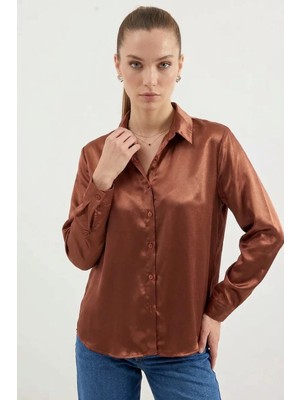 Style Line Kadın Dökümlü Saten Taba Gömlek