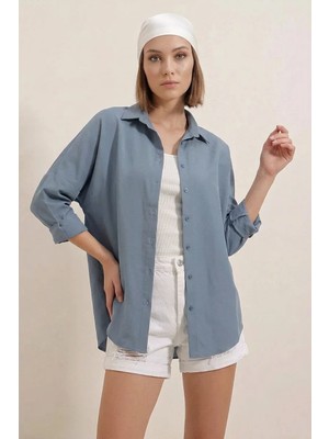 Style Line Kadın Oversize Basic Pamuklu Indigo Gömlek