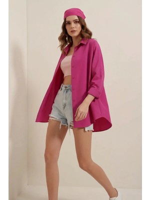 Style Line Kadın Uzun Basic Oversize Pamuklu Koyu Pembe Gömlek