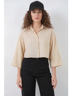 Style Line Kadın Oversize Çizgili Viskon Bej Gömlek