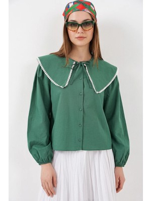 Style Line Kadın Bebe Yaka Fisto Detaylı Pamuklu Zümrüt Yeşili Gömlek