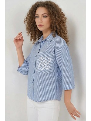 Style Line Kadın Tek Cep Çizgili Pamuklu Lacivert Gömlek