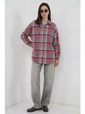 Style Line Kadın Oversize Ekose Desenli Pamuklu Mor Gömlek