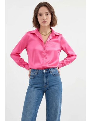 Style Line Kadın Saten Fuşya Gömlek