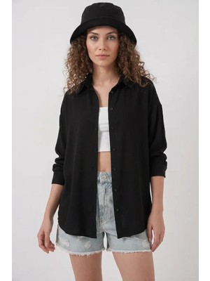 Style Line Kadın Oversize Viskon Siyah Gömlek
