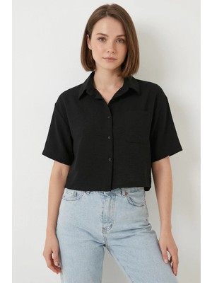 Style Line Kadın Crop Kısa Kol Viskon Siyah Gömlek