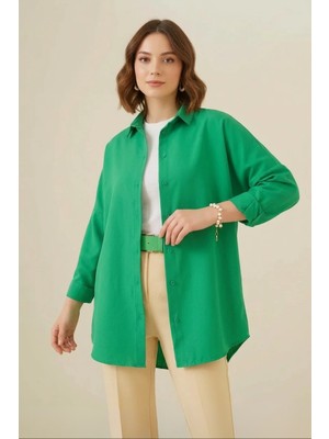 Style Line Kadın Oversize Kesim Basic Pamuklu Yeşil Tesettür Gömlek