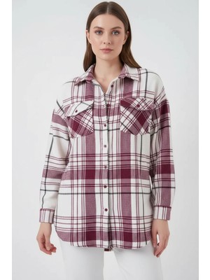 Style Line Kadın Oversize Ekose Desen Pamuklu Koyu Pembe Gömlek