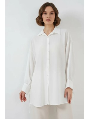 Style Line Kadın Bağcıklı Kol Oversize Viskon Beyaz Gömlek