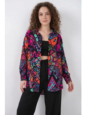 Style Line Kadın Grafik Desenli Viskon Fuşya Gömlek