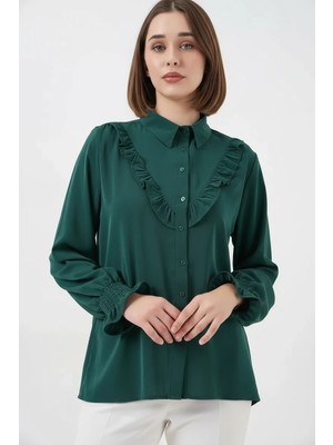 Style Line Kadın Fırfırlı Uzun Kol Zümrüt Yeşili Gömlek