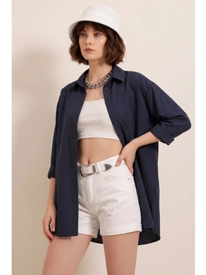Style Line Kadın Oversize Basic Pamuklu Lacivert Gömlek