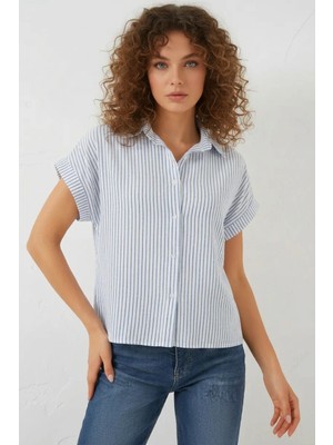 Style Line Kadın Kısa Kol Çizgili Pamuklu Mavi Gömlek