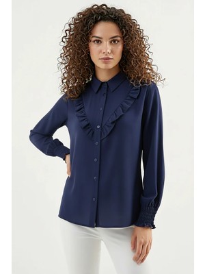 Style Line Kadın Fırfırlı Uzun Kol Lacivert Gömlek
