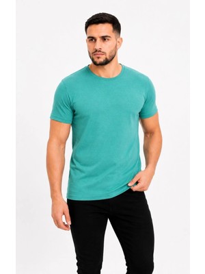 Asmedo Erkek Basic Tişört Bisiklet Yaka Kısa Kol Günlük Yazlık Slim Fit T-Shirt - Su Yeşili