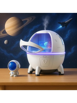 Canarino Astronot ve Uzay Gemisi Temalı Humidifier Buhar Makinesi Nemlendirici Aroma Terapi Difüzörü 220 ml Kapasiteli 11X11 cm Ev Ofis Spa Oda Nemlendirici Uyku Kalitesini Artırır (MJ046)