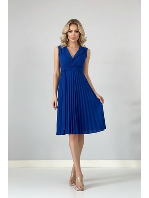 Ang Butik Kadın V Yaka Plise Detaylı Modern Elbise
