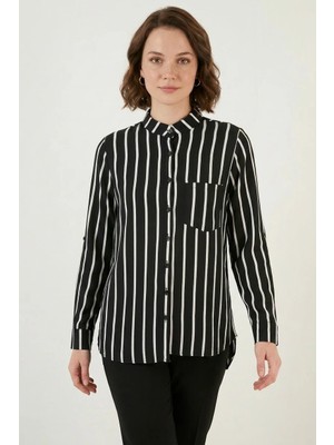 Style Line Kadın Çizgili Viskon Siyah Gömlek