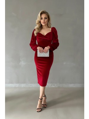 Ang Butik Kadın Kalp Yaka Kadife Yırtmaçlı Elbise