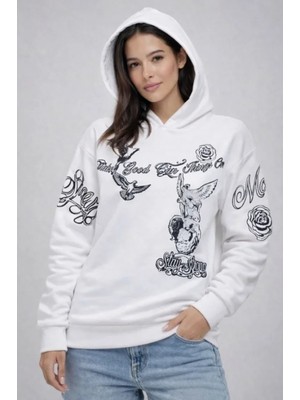 Marsilyan- 3 Iplik Pamuklu Kapüşonlu Baskılı Sweatshirt Hoodie - Beyaz
