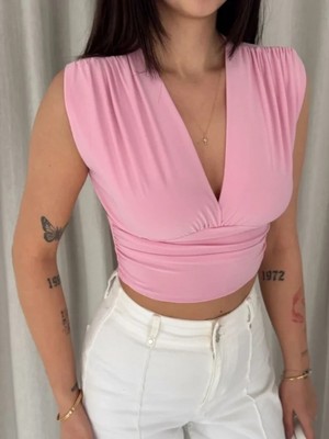 Marsilyan- Vatkalı Kolsuz V Yaka Drapeli Crop Bluz Likralı Fit - Pembe