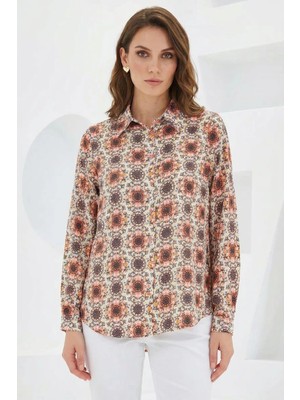 Style Line Kadın Grafik Desenli Viskon Turuncu Gömlek