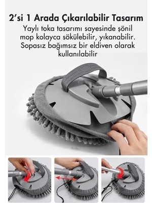 Canarino Mikrofiber Araç Temizleme Mopu, Teleskopik Oto Mop Set, Süper Emici ve Yumuşak Şönil Yıkama ve Kurulama Eldiveni, 18 x 26 cm Mop - 104 cm Uzayan Alüminyum Sap - Gri Renk, F726